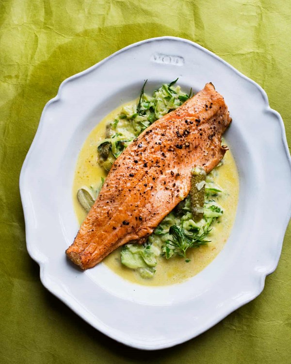 Trout with cucumber and cornichons