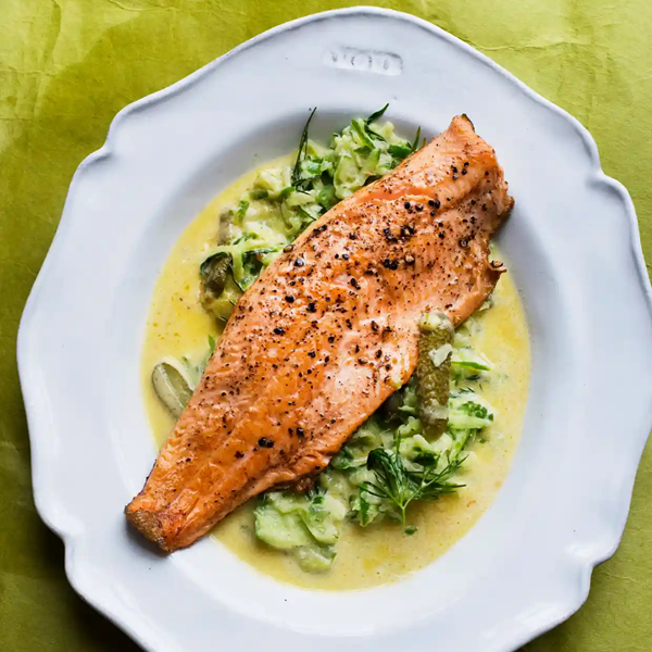 Trout with cucumber and cornichons