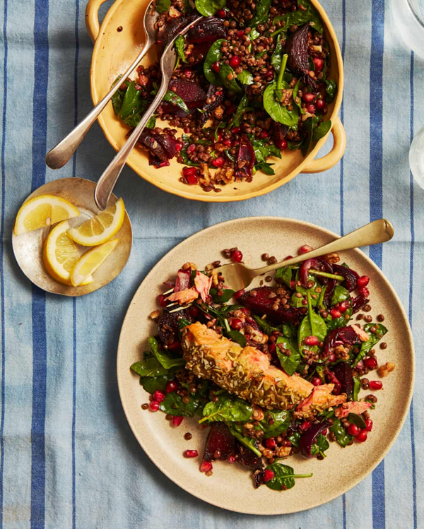 Trout with lentil, pomegranate and beetroot salad