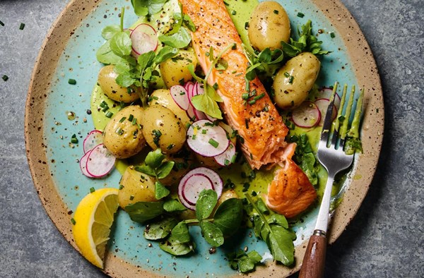 Trout with new potato salad & watercress sauce