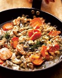 Trout with preserved lemons, raisins and pine nuts
