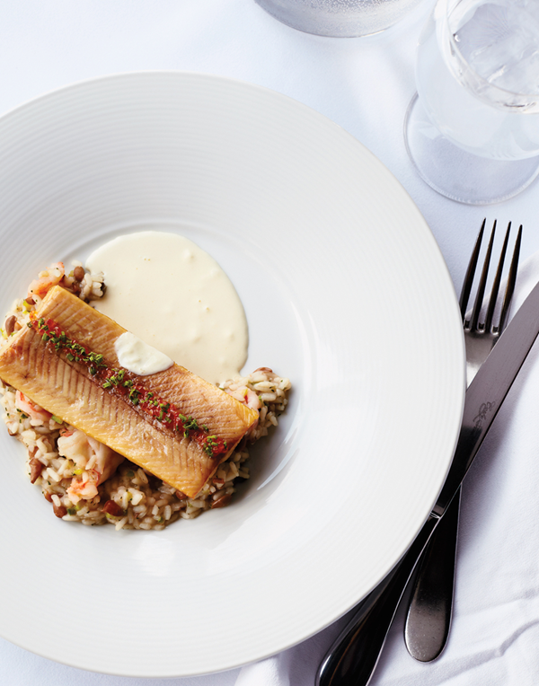 Trout with Sea Island red pea hoppin' John & benne cream