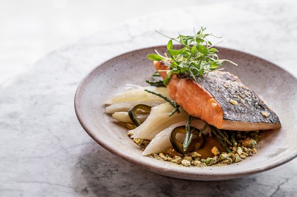 Trout with sour plum, confit fennel and pickled jalapeños