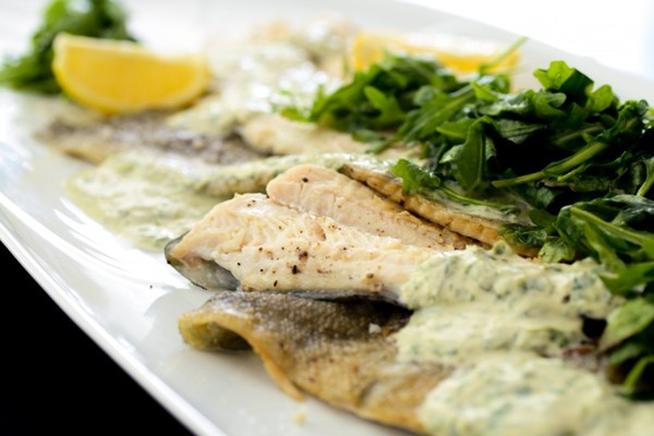 Trout with tahini-lemon yogurt and baby arugula