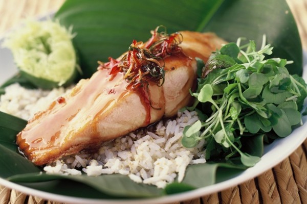 Trout with Thai-style caramel sauce and coconut rice