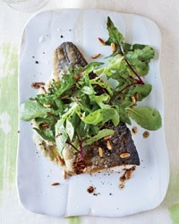 Trout with warm pine-nut dressing and fennel puree