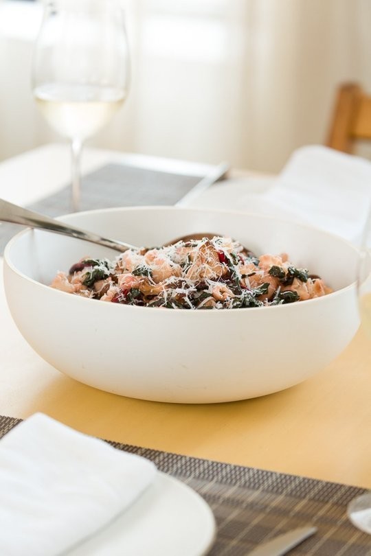 Trumpet pasta with Swiss chard, sausage & chanterelles