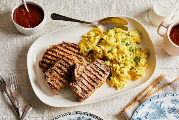 Tuffy Stone's grilled pork chops with chile ketchup & eggs 