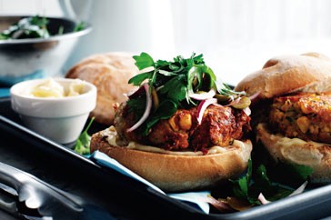 Tuna & corn burgers with olive & parsley salad