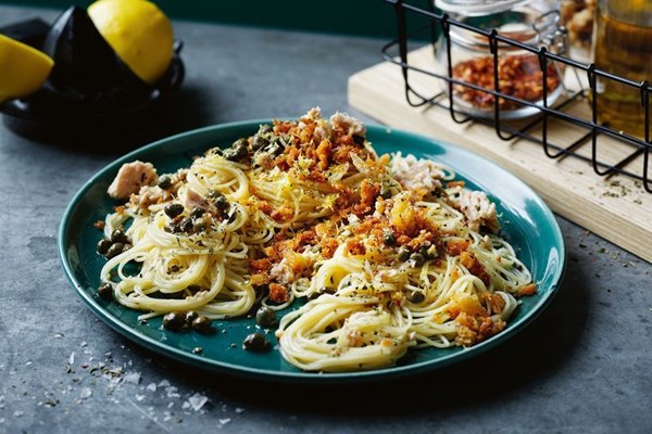 Tuna and caper pasta with crispy breadcrumbs
