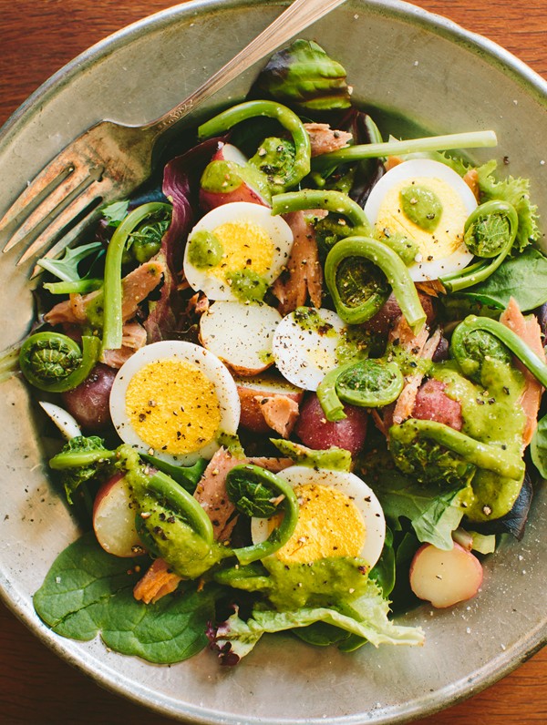 Tuna and fiddlehead salad with ramp dressing