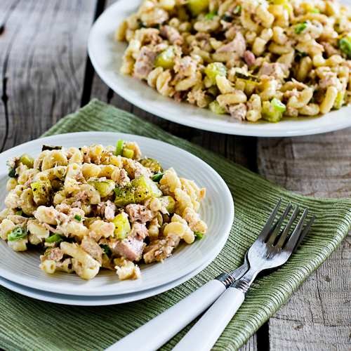 Tuna and macaroni salad with dill pickles, capers, and green onions