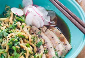 Tuna and udon noodles with ginger dressing