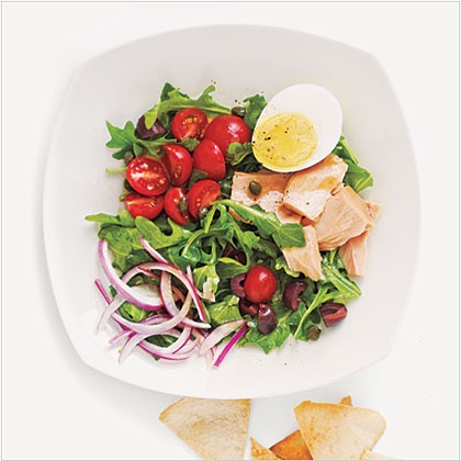 Tuna, arugula, and egg salad with pita chips