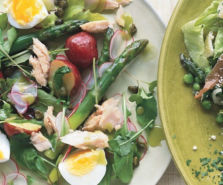 Tuna, asparagus, and new potato salad with chive vinaigrette and fried capers