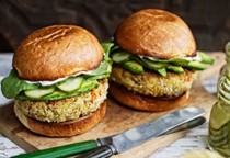 Tuna burgers with wasabi mayo and quick cucumber pickle
