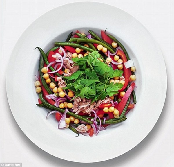 Tuna, chickpeas, green beans and red peppers