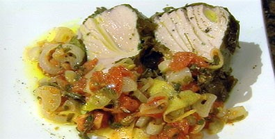 Tuna confit with vine leaves