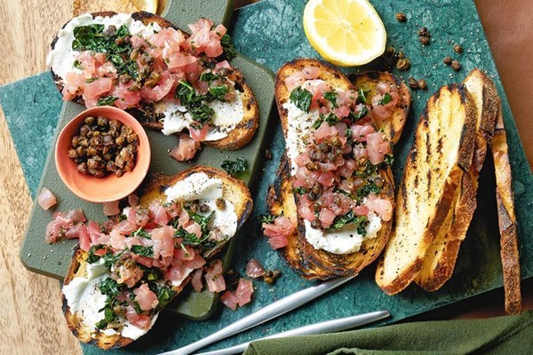 Tuna crostini with cime di rapa and goat's curd