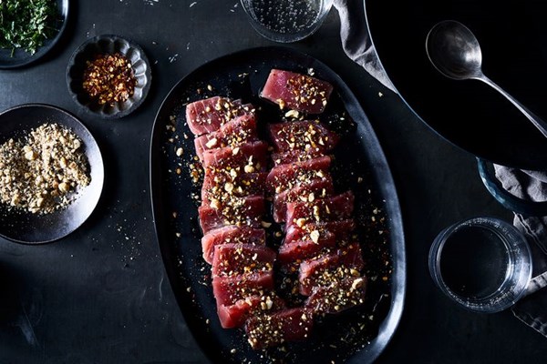 Tuna crudo with dukkah & sizzling olive oil