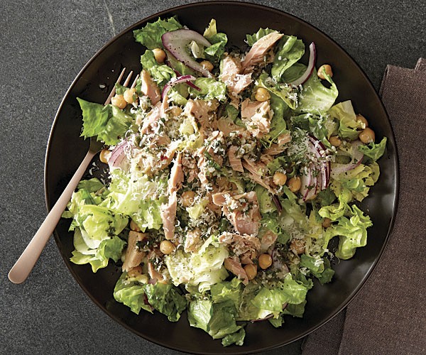 Tuna, escarole, and chickpea salad with warm herb-garlic vinaigrette