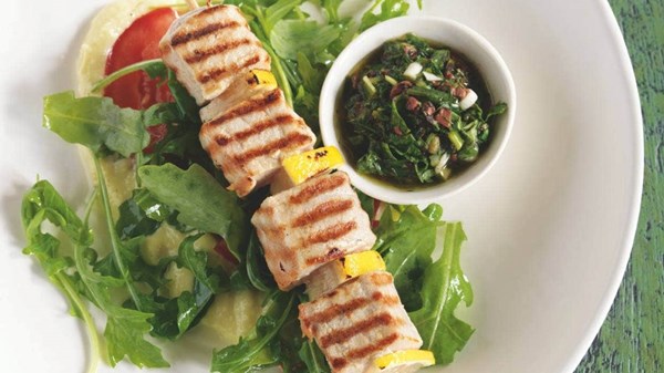 Tuna kebabs with olive and caper salsa