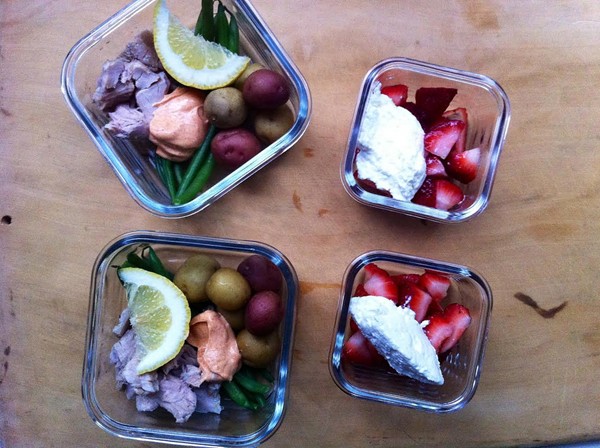Tuna Niçoise and strawberries with ricotta