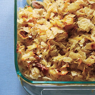 Tuna noodle casserole with leeks and fresh dill