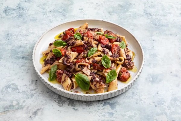 Tuna pasta salad with black olive and roasted garlic tapenade 