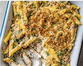 Tuna penne with herby crumbs