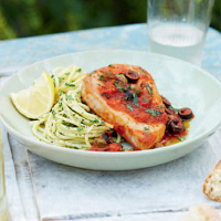 Tuna puttanesca with herbed spaghetti