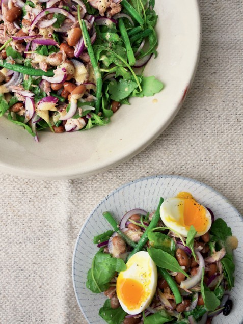 Tuna, red onion and bean salad with a soft-boiled egg