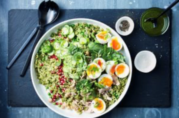 Tuna risoni salad with herb oil