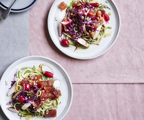 Tuna salad with zucchini, radish and sesame dressing