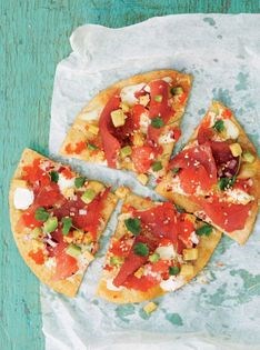 Tuna sashimi tostada with pink grapefruit, avocado & wasabi lemon cream on crispy tortillas