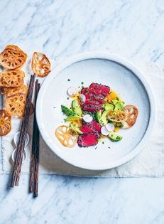 Tuna sashimi with avocado and citrus dressing