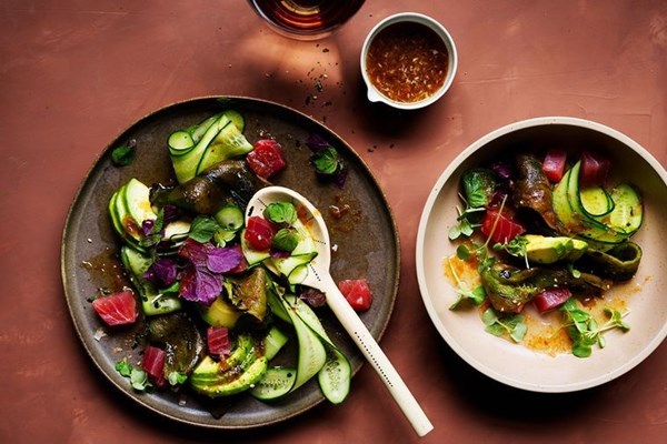 Tuna sashimi with charred peppers and dashi dressing 