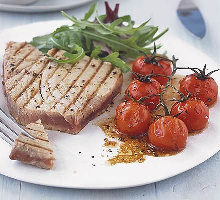 Tuna steaks with balsamic-roasted tomatoes