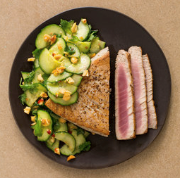 Tuna steaks with cucumber-peanut salad