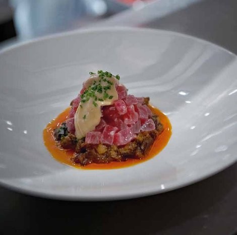Tuna tartare, Moroccan eggplant, cumin mayonnaise & harissa