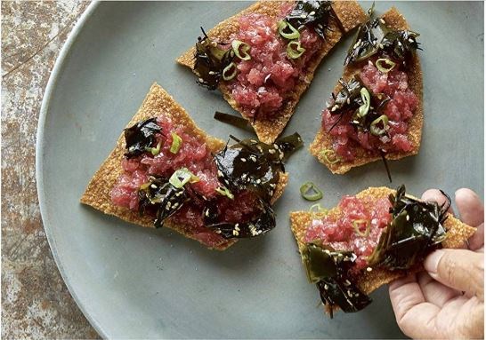 Tuna tartare: ramen cracker, umeboshi, pickled sea vegetables