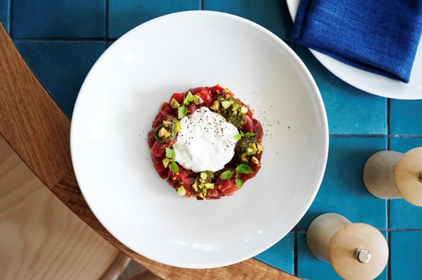 Tuna tartare, stracciatella and pesto Trapanese
