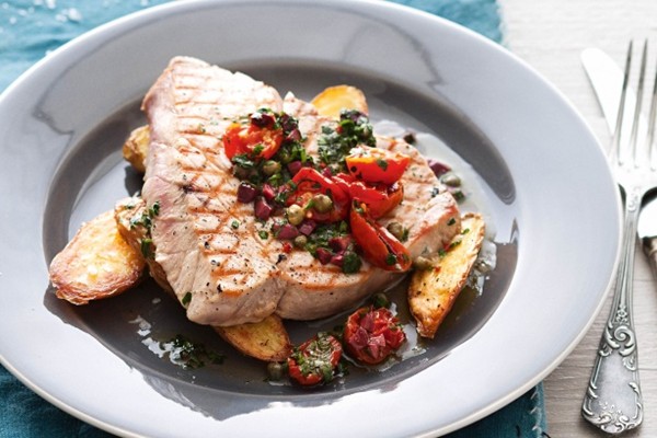 Tuna with roasted tomato, caper & olive salsa