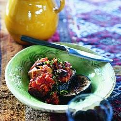 Tuna with tomato & olive sauce, gremolata & roasted eggplant