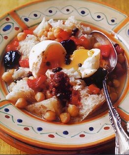 Tunisian chickpea soup with eggs, capers, olives, and hot chile sauce