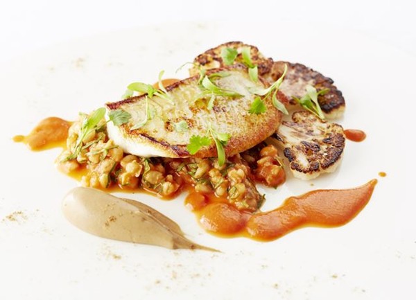 Turbot fillet, pearl barley, burnt cauliflower, tomato and garam masala sauce