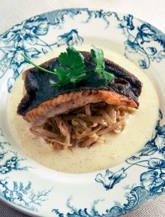 Turbot tower with nutty white cabbage and vanilla beurre blanc