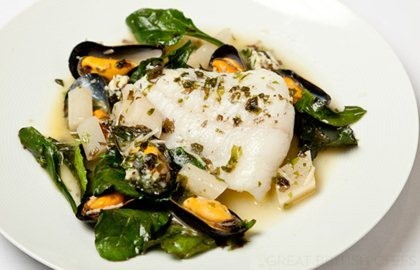 Turbot with mussels, sea vegetables and salsify