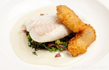 Turbot with oysters, cabbage and bacon