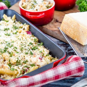 Turkey & ham pasta bake with lemon & herb Parmigiano Reggiano crust